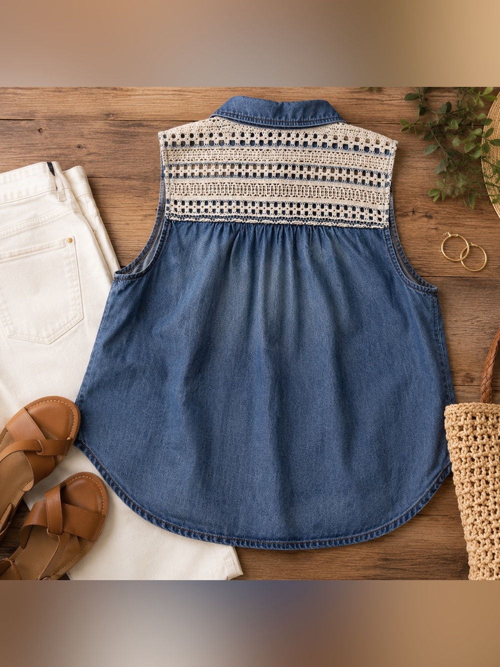 Mudd Chambray Crochet Back Sleeveless Button Down Top Medium Boho Coastal
